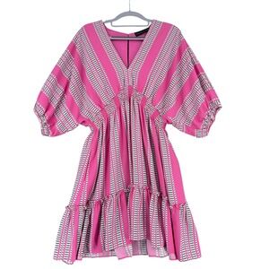 Zarr Collection Pink Black White Stripe Ruffle Hem V Neck Kaftan Dress Size 6